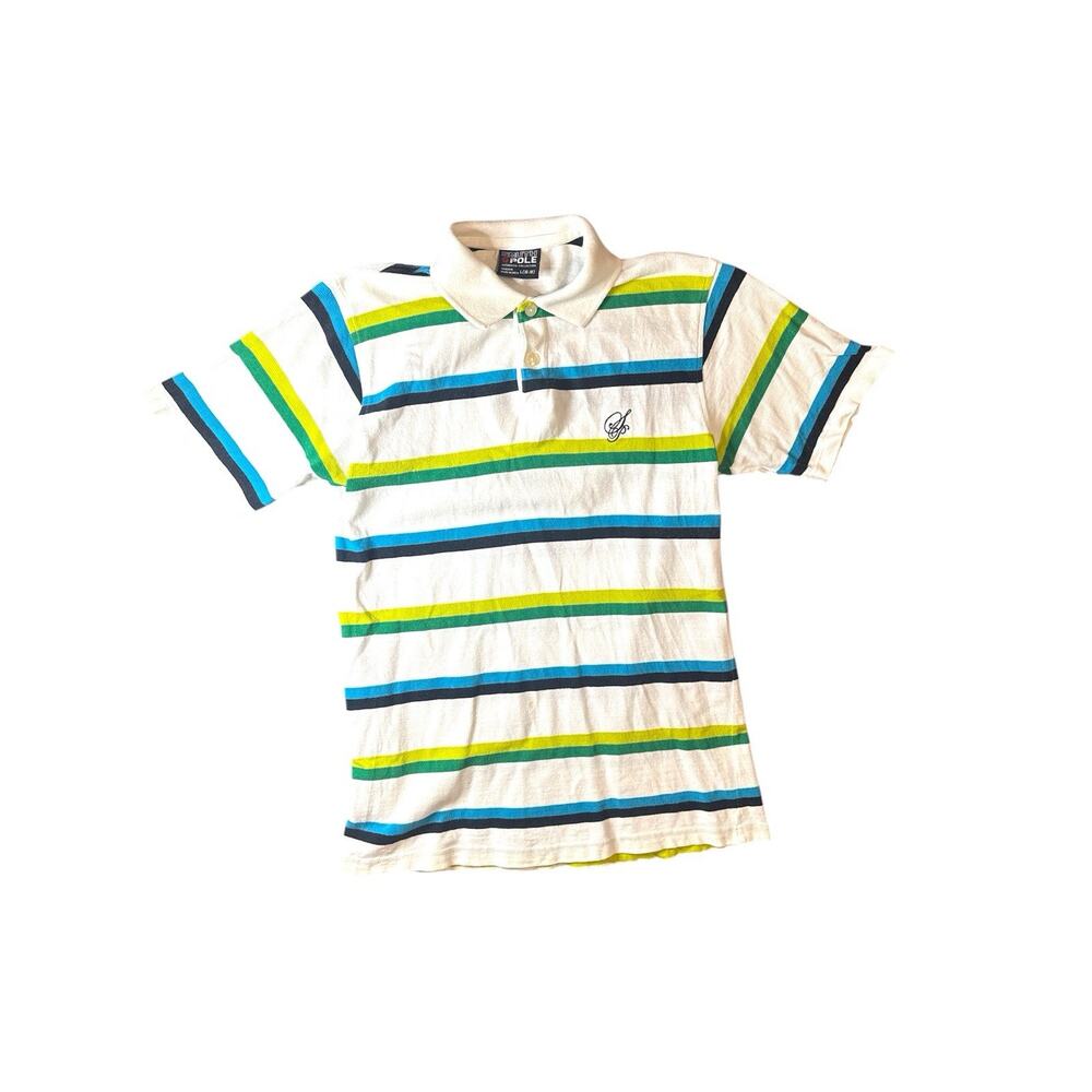 VTG SouthPole Polo Shirt Men’s L 16-18 White w/ Blue black and green Stripes Y2K